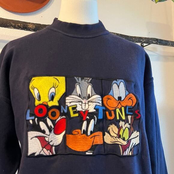 Looney Tunes Vintage Blue Cotton Embroidered Pullover Sweater Size Large - Picture 9 of 13